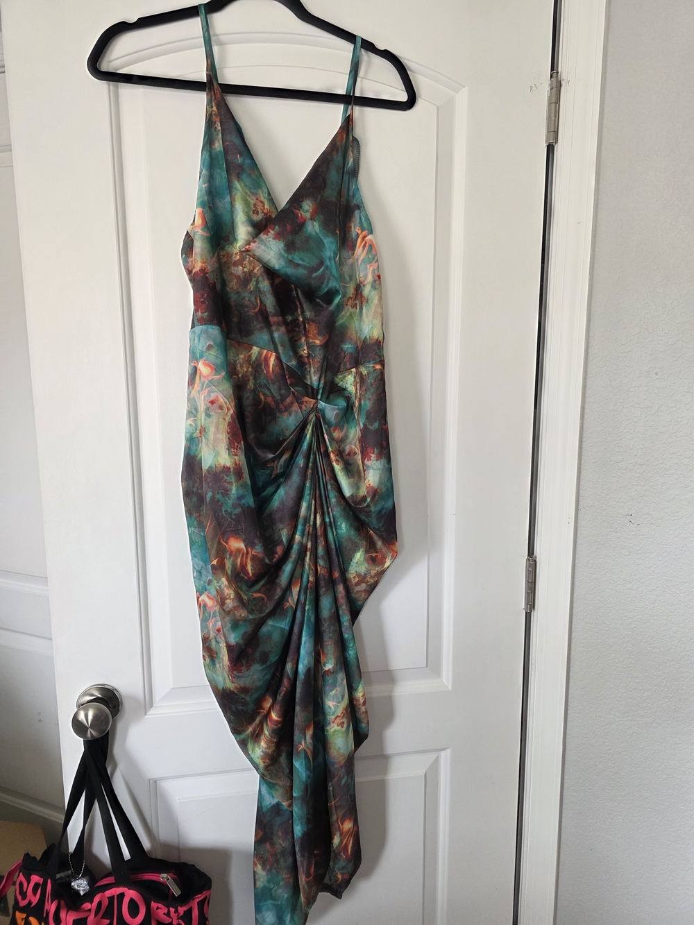 PrettyLittleThing Teal Multicolor Asymmetrical Draped Slip Dress